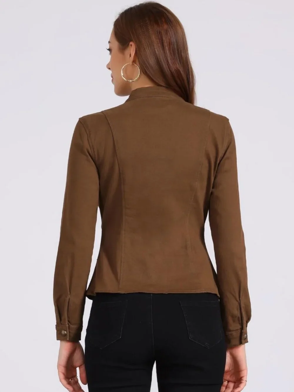 Women's Brown Classic Stand Collar Long Sleeve Denim Jackets Flap Chest Pockets